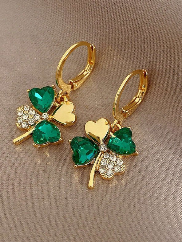 Set "Trébol Esmeralda" en Acero Inoxidable Dorado con Cristales