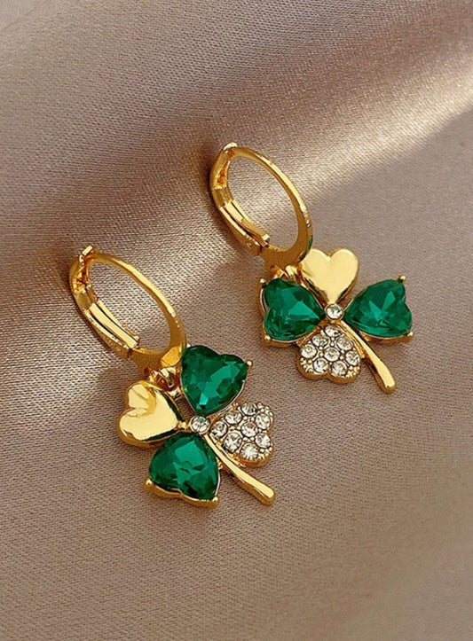 Set "Trébol Esmeralda" en Acero Inoxidable Dorado con Cristales