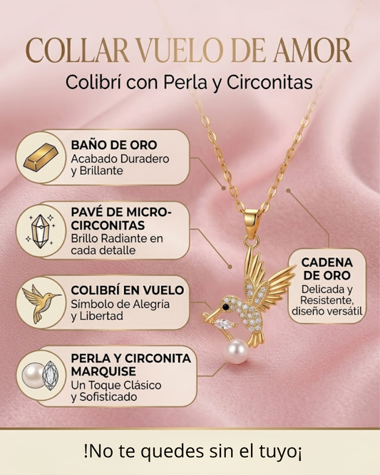 Collar "Colibrí con Perla" en Acero Inoxidable y Cristales