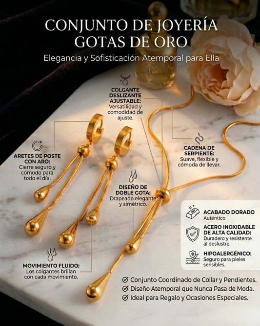 Set de joyería con colgante de lágrima chapado en oro de acero inoxidable