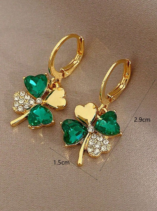 Set "Trébol Esmeralda" en Acero Inoxidable Dorado con Cristales