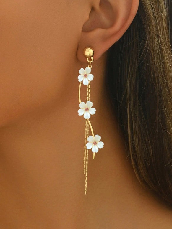 par de pendientes elegantes para mujer, diseño de flor de 5 pétalos con perla falsa,