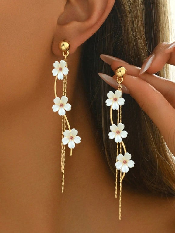 par de pendientes elegantes para mujer, diseño de flor de 5 pétalos con perla falsa,