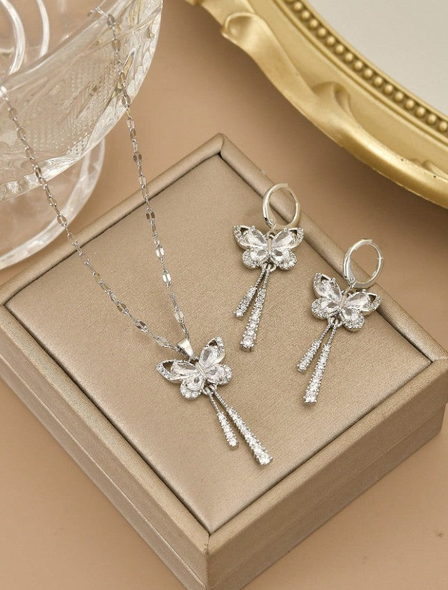 Set de Joyería "Mariposa Cascada" en Acero Inoxidable con Cristales