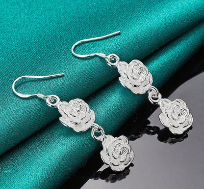 set collar colgante + pendientes de flor de rosa de plata ley 925