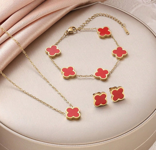 Set de Joyería "Trébol Rojo" de 3 Piezas en Acero Inoxidable