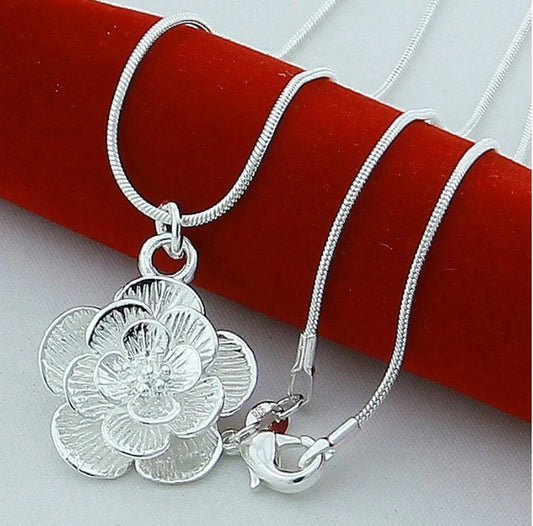 set collar colgante + pendientes de flor de rosa de plata ley 925