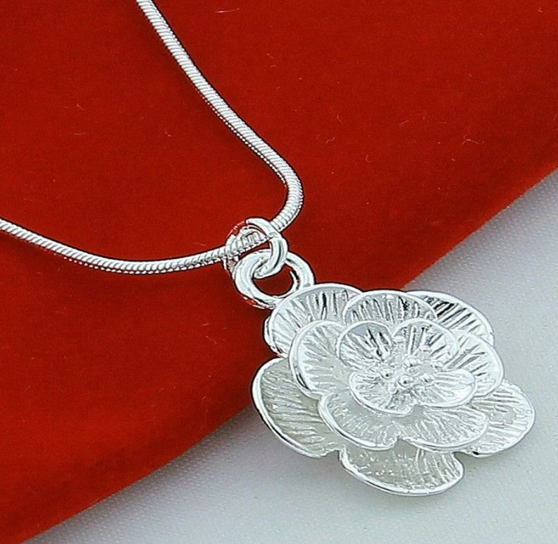 set collar colgante + pendientes de flor de rosa de plata ley 925