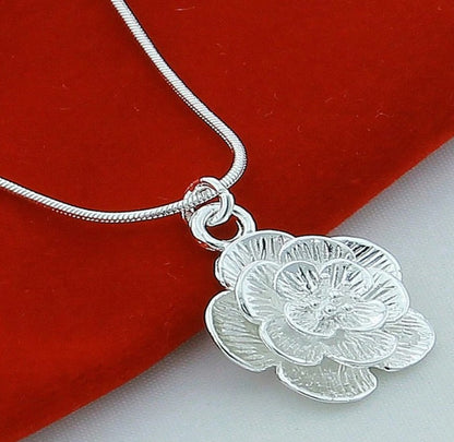 set collar colgante + pendientes de flor de rosa de plata ley 925