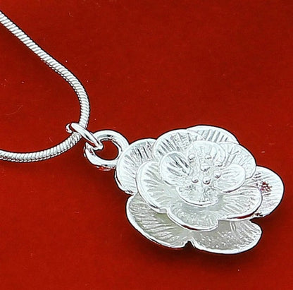 set collar colgante + pendientes de flor de rosa de plata ley 925