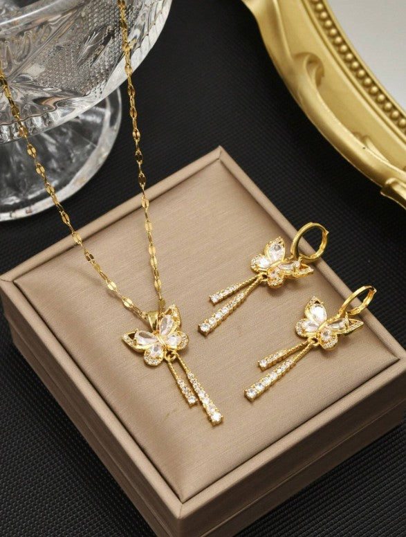 Set de Joyería "Mariposa Cascada" en Acero Inoxidable con Cristales