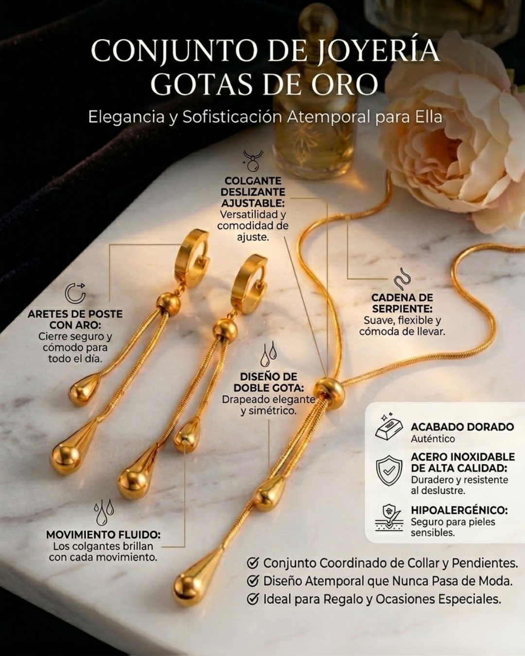 Set de joyería con colgante de lágrima chapado en oro de acero inoxidable